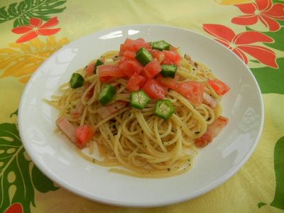 トマトとオクラの和風わさびパスタ